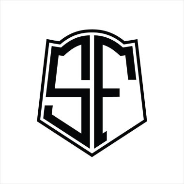 Beyaz arkaplanda izole edilmiş kalkan şekli tasarım şablonuna sahip SF Logo monogramı