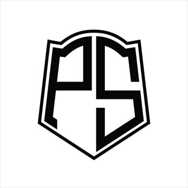 Beyaz arkaplanda izole edilmiş kalkan şekilli tasarım şablonu içeren PS Logo monogramı