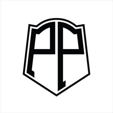 Beyaz arkaplanda izole edilmiş kalkan şeklindeki tasarım şablonuna sahip PP Logo monogramı