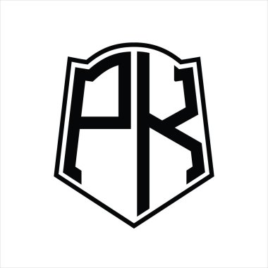 Beyaz arkaplanda izole edilmiş kalkan şekli tasarım şablonuna sahip PK Logo monogramı