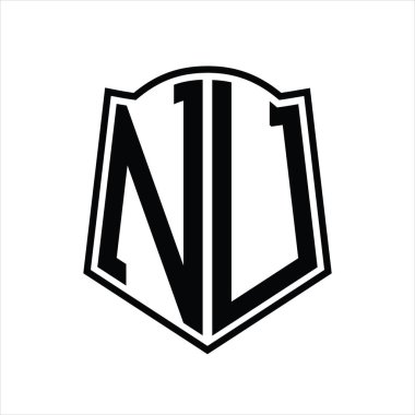 Beyaz arkaplanda izole edilmiş kalkan şekli tasarım şablonuna sahip NU Logo monogramı