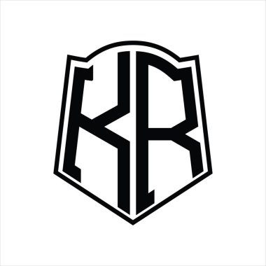 Beyaz arkaplanda izole edilmiş kalkan şekli tasarım şablonuna sahip KR Logo monogramı