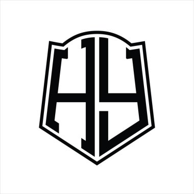 Beyaz arkaplanda izole edilmiş kalkan şekli tasarım şablonuna sahip HY Logo monogramı
