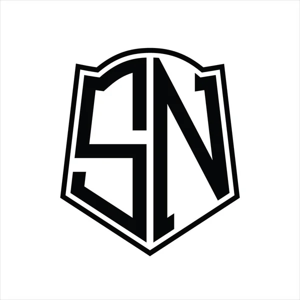 白の背景に隔離されたシールド形状アウトラインデザインテンプレートとSnのロゴのモノグラム — ストックベクタ