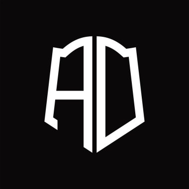 Kalkan şekli kurdele siyah arkaplan tasarım şablonuna sahip logo monogramı