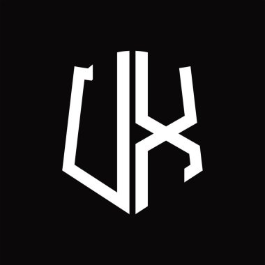 Kalkan şekilli UX logo monogramı siyah arkaplan tasarım şablonu