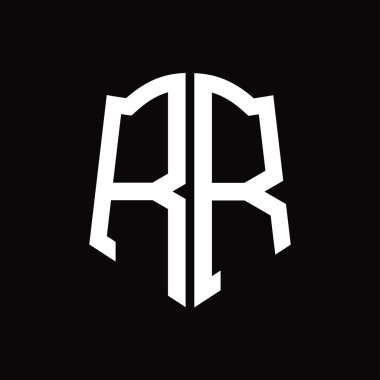 Kalkan şekilli RR logo monogramı siyah arkaplan tasarım şablonu