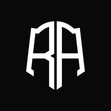 Kalkan şekilli RA logo monogramı siyah arkaplan tasarım şablonu