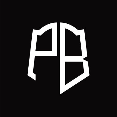 Kalkan şekilli PB logo monogramı siyah arkaplan tasarım şablonu