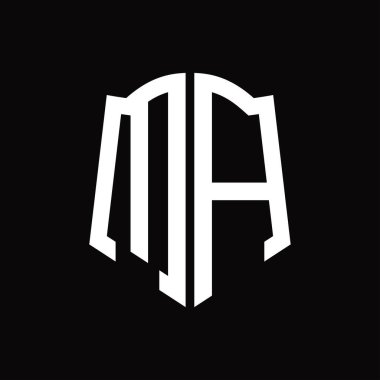 Kalkan şekli kurdele siyah arkaplan tasarım şablonuna sahip MA logo monogramı