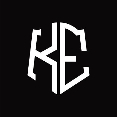 Kalkan şekli kurdele siyah arkaplan tasarım şablonuna sahip KE logo monogramı