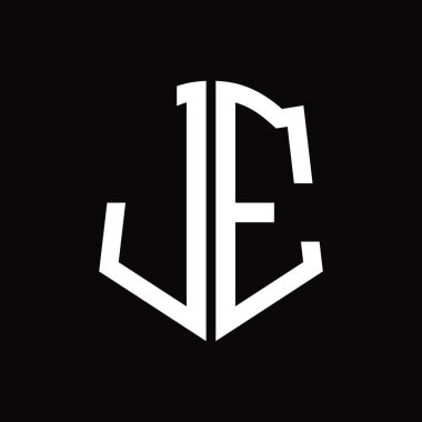 Kalkan şekilli siyah arkaplan dizayn şablonuna sahip JE logo monogramı