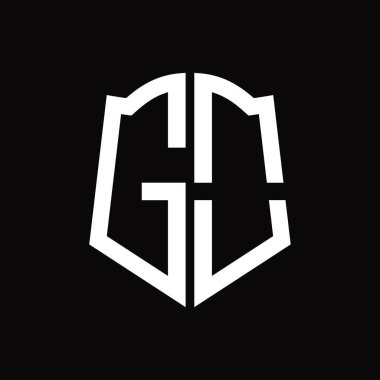 Kalkan şekli kurdele siyah arkaplan tasarım şablonuna sahip logo monogramı