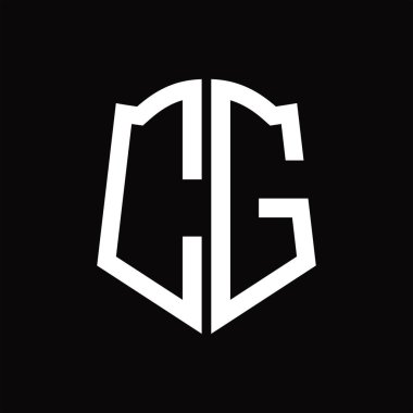 Kalkan şekli kurdele siyah arkaplan tasarım şablonuna sahip logo monogramı