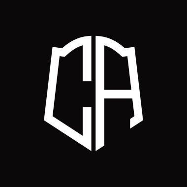 Kalkan şekli kurdele siyah arkaplan tasarım şablonuna sahip logo monogramı