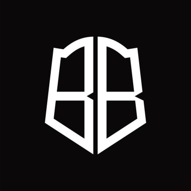 Kalkan şekli kurdele siyah arkaplan tasarım şablonuna sahip logo monogramı