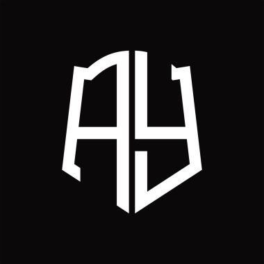 Kalkan şekli kurdele siyah arkaplan tasarım şablonuna sahip logo monogramı