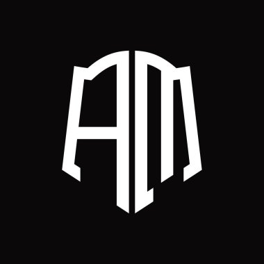 Kalkan şekli kurdele siyah arkaplan tasarım şablonuna sahip logo monogramı