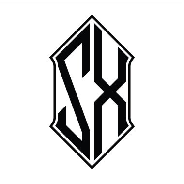 Kalkan şekilli ZX Logo monogramı ve siyah ana hatlı tasarım şablon vektör simgesi soyut