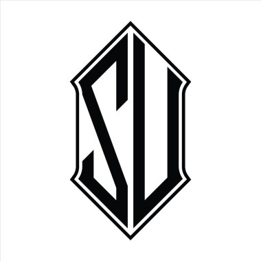 Kalkan şekilli ZU Logo monogramı ve siyah ana hatlı tasarım şablonu soyut vektör simgesi