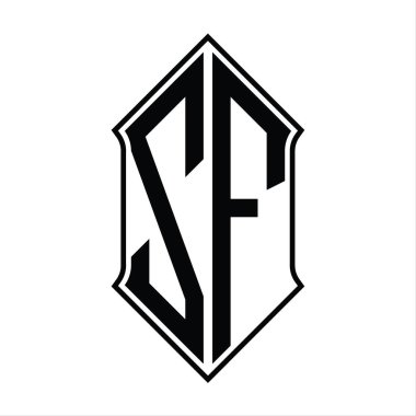 Kalkan şekilli ZF Logo monogramı ve siyah ana hatlı tasarım şablonu soyut vektör simgesi