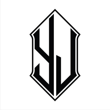 Kalkan şekilli YJ Logo monogramı ve siyah ana hatlı tasarım şablonu soyut vektör simgesi