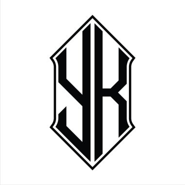 Kalkan şekilli YK Logo monogramı ve siyah ana hatlı tasarım şablon vektör simgesi soyut
