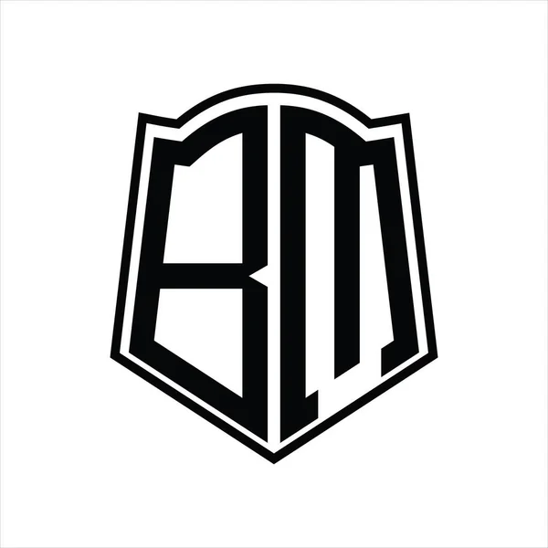 Logo Monogram Shield Shape Outline Design Template Isolated White Background — Stock Vector