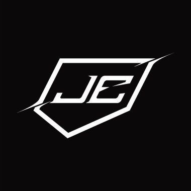 Kalkanlı ve dilimlenmiş siyah zemin tasarım şablonlu JE Logo monogram harfi