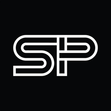 Siyah zemin üzerinde çizgi biçimi negatif alan ile SP Logo monogramı