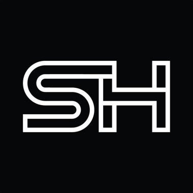 Siyah zemin üzerinde çizgi biçimi negatif alana sahip SH Logo monogramı