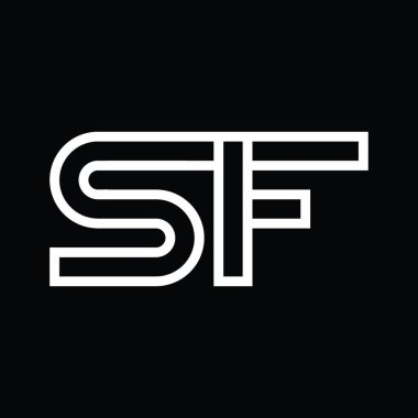 Siyah zemin üzerinde çizgi biçimi negatif alana sahip SF Logo monogramı