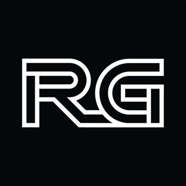 Siyah zemin üzerinde çizgi biçimi negatif alan içeren RG Logo monogramı