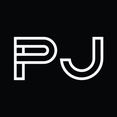Siyah zemin üzerinde çizgi biçimi negatif alan ile PJ Logo monogramı