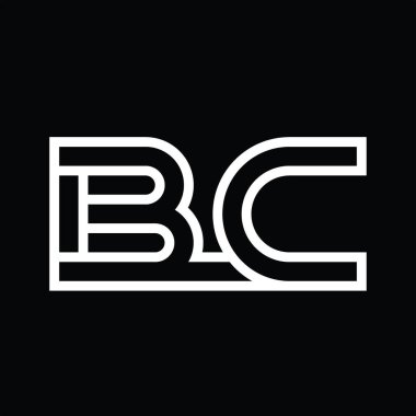 Siyah zemin üzerinde çizgi biçimi negatif alana sahip BC Logo monogramı