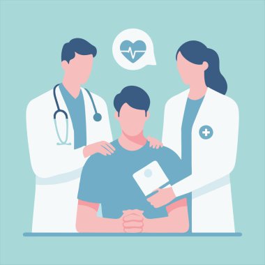 Hastanın kafasının üstünde kalp atış hızı sembolü olan iki doktor bir hastaya destek veriyor.