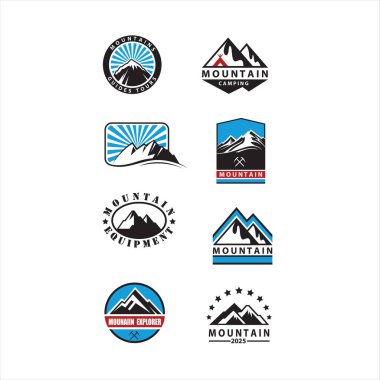 Sekiz klasik dağ kampı ve açık hava keşif logosu tasarımları.