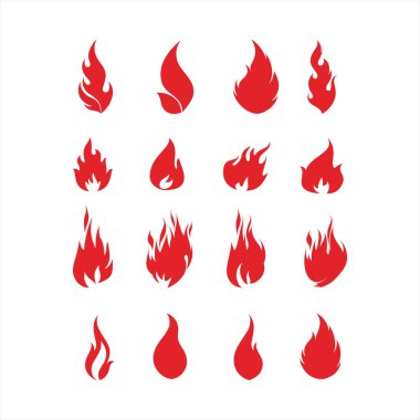 Farklı sanatsal tasarım ve formlarda kırmızı alev sembolleri koleksiyonu