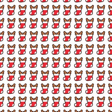 Noel çorapları ve ren geyiği boynuzlarının kusursuz vektör deseni. Bayram ambalajı, tatil dekorasyonu ya da kış arkaplanı için mükemmel..