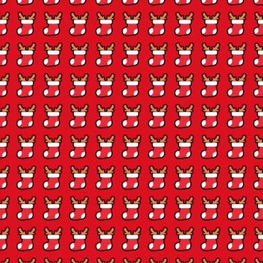 Noel çorapları ve ren geyiği boynuzlarının kusursuz vektör deseni. Bayram ambalajı, tatil dekorasyonu ya da kış arkaplanı için mükemmel..