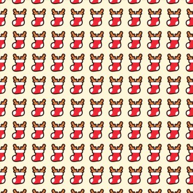 Noel çorapları ve ren geyiği boynuzlarının kusursuz vektör deseni. Bayram ambalajı, tatil dekorasyonu ya da kış arkaplanı için mükemmel..