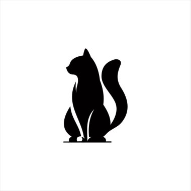 Basit siyah kedi silueti kıvrımlı, dalgalı kuyruklu, minimalist hayvan simgesiyle oturuyor..