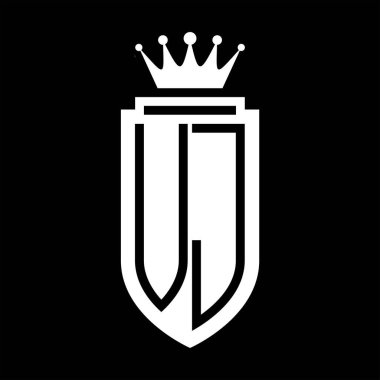 VJ Vektör logosu Kraliyet Taç Minimalist baş harfleri, zarif bir stil ve iç kalkan çizgisi.