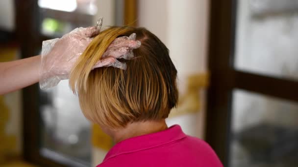 Primeros planos mujer manos teñir el cabello con un cepillo negro. Coloración del cabello en casa — Vídeos de Stock