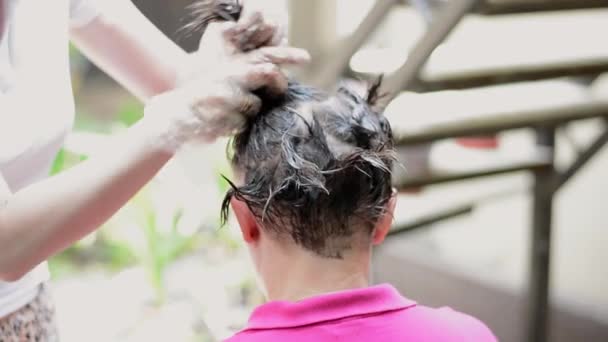 Colorante capilar. Peluquería es la coloración de pelo largo con tinte para el cabello — Vídeo de stock