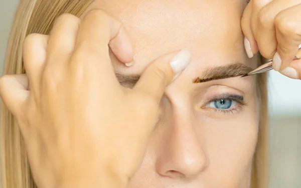 Fechar procedimento salão de beleza fazer sobrancelhas pintar com uma escova com tinta de sobrancelha — Fotografia de Stock