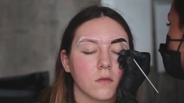 Applicera färg på ögonbrynen med en tunn borste närbild framifrån i skönhetssalongen — Stockvideo