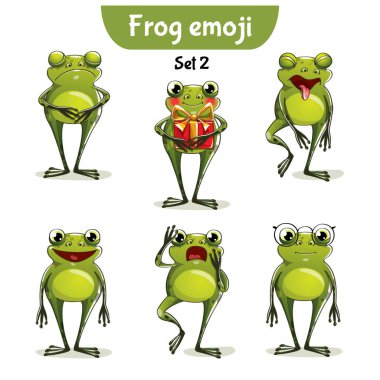 Şirin kurbağa karakterlerinin vektör seti. 2. Set