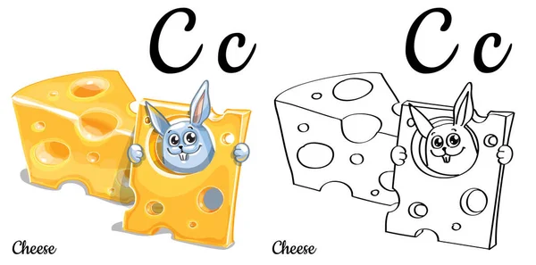 치즈. 벡터 알파벳 C, 색칠 페이지 — 스톡 벡터