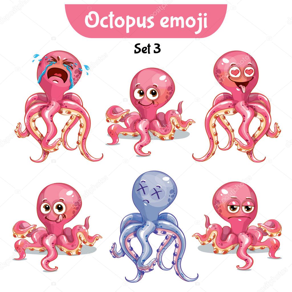 Vector set of cute octopus characters. Set 3